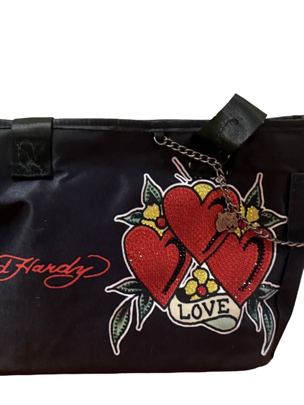 Ed Hardy Love Hearts Rhinestone Insulated Lunch Tote Bag Black